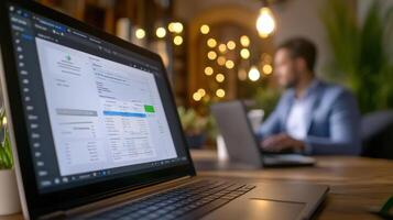 Office Workspace with Laptop Showing Data Analysis and Blurred Background photo