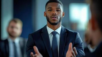 Professional Man in Suit Engaging Audience during Business Meeting photo