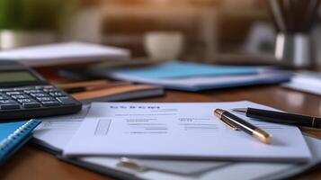 Business Workspace with Documents, Calculator, and Office Supplies photo