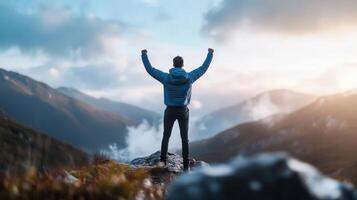 Person on Mountain Peak Celebrating Victory at Sunset Viewpoint photo