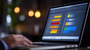 Business Professional Analyzing Data on Laptop Screen in Modern Office photo