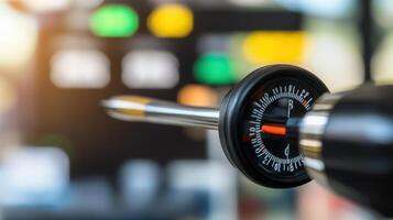 Precision Measurement Instrument with Dial and Pointer Against Blur Background photo