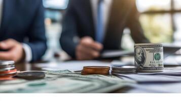 Businessmen Discussing Finance with Cash and Coins on Table photo