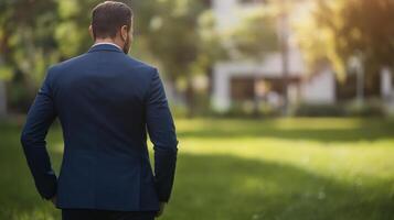 Professional Man in Suit Stands Outdoors in a Green Park Setting photo