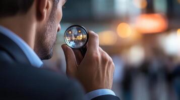 Businessman Using Magnifying Glass to Focus on City Lights photo