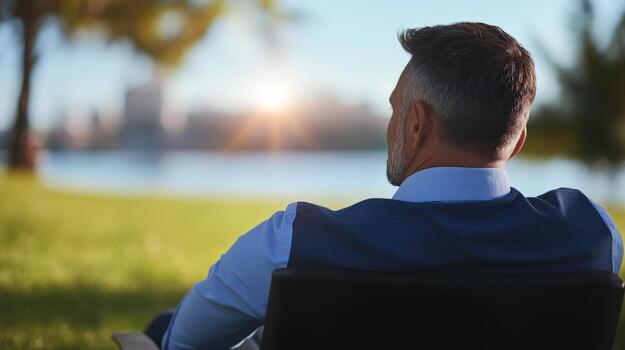Man Relaxing by Water, Enjoying Scenic View at Sunset Hours photo