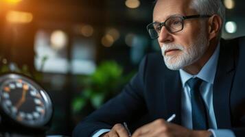 Thoughtful Businessman in Office Setting with Clock and Plants photo