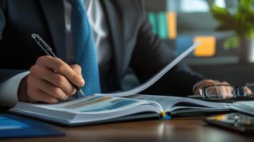 Businessman Writing Notes in Professional Office Setting photo