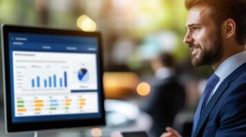 Professional Man Analyzing Business Data on Computer Screen photo