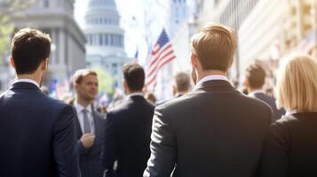 Business Crowds in City Center with Government Buildings in Background photo