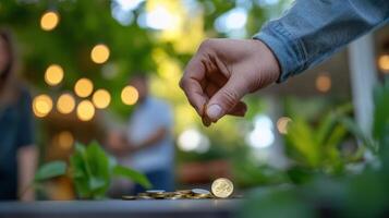 Hand Dropping Gold Coins Among Green Plants in Outdoor Setting photo