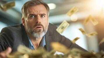 Man in Suit Surprised by Money Falling in Modern Office Setting photo