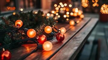 Warm and Festive Christmas Lights on a Wooden Table. photo