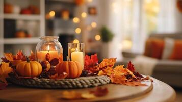 Cozy Autumn Decor with Candles and Pumpkins. photo