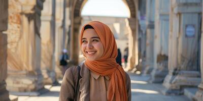 Smiling Woman in Hijab Walking Through Ancient Ruins. photo