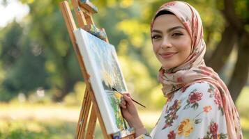 Smiling Woman Painting in Nature. photo