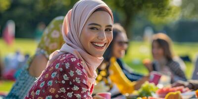 Smiling Woman in Hijab at a Picnic photo