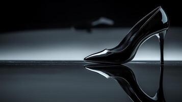 Black Patent Leather High Heel Shoe with Reflection. photo