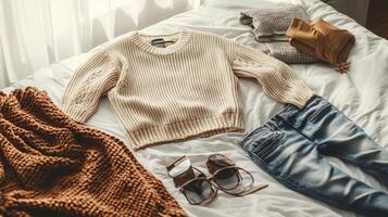 Cozy Outfit Layout on a White Bed. photo