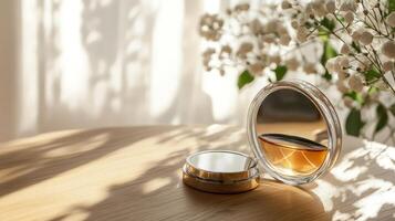 Reflective Perfume Bottle on Wooden Table with Flowers. photo