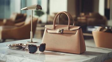 Luxurious Handbag and Accessories on a Marble Table. photo
