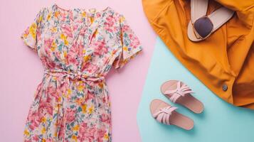 Summer Fashion Flat Lay with Floral Dress and Accessories. photo