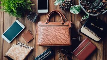 Leather Handbag on a Wooden Table. photo