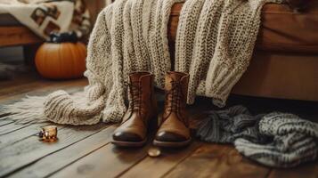 Cozy Autumn Atmosphere with Boots and Blanket. photo