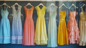 Colorful Dresses Hanging in a Shop Window. photo