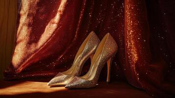 Sparkling Glamour A Pair of Silver Glitter Heels Against a Red Glitter Background. photo