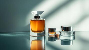 Perfume Bottles on a Glass Table with a White Background. photo