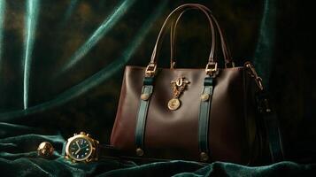 Luxury Leather Handbag and Watch on Green Velvet Background. photo