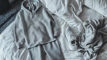 Gray Sweatsuit on Bed. photo