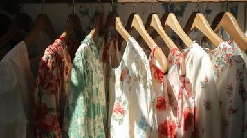 Floral Dresses Hanging on Wooden Hangers in a Closet. photo