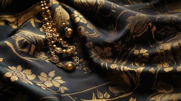Gold Necklace on Black Fabric with Floral Design. photo