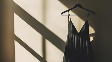 Black Dress Hanging on a Hanger in a Sunlit Room. photo