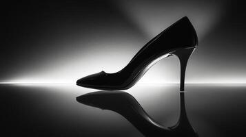Black High Heel Shoe on a Reflective Surface photo