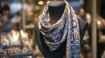 A patterned scarf displayed in a jewelry store window. photo