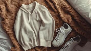White Hoodie and Sneakers on a Brown Blanket. photo
