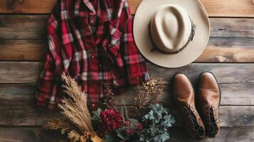 Autumn Fashion Accessories Flat Lay on Wooden Background. photo