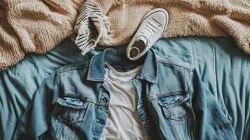 Denim Jacket on a Bed. photo