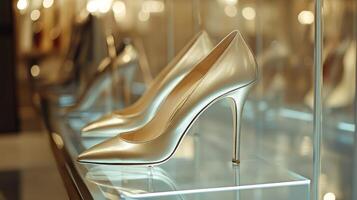 Elegant Gold High Heels in a Store Display. photo