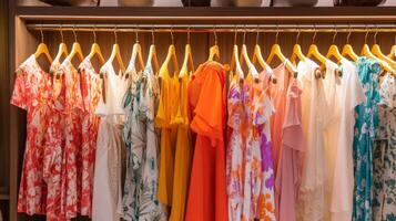 Colorful Summer Dresses Hanging in a Closet. photo