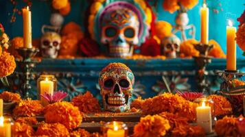 Festive Day of the Dead altar with colorful skull, candles, and flowers in close-up view photo