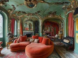 Ornate Interior Design with a Red Couch. photo