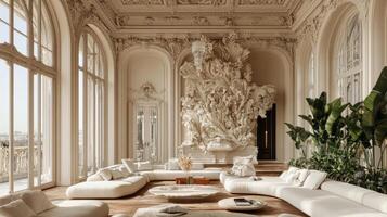 Elegant Living Room with Ornate Fireplace and City Views. photo