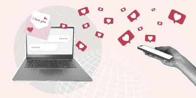 A trendy halftone collage. Concept of online communication, receiving mail, congratulating each other, mutual sympathy. Hand holding a modern phone and laptop,social media icon in the form of a heart vector