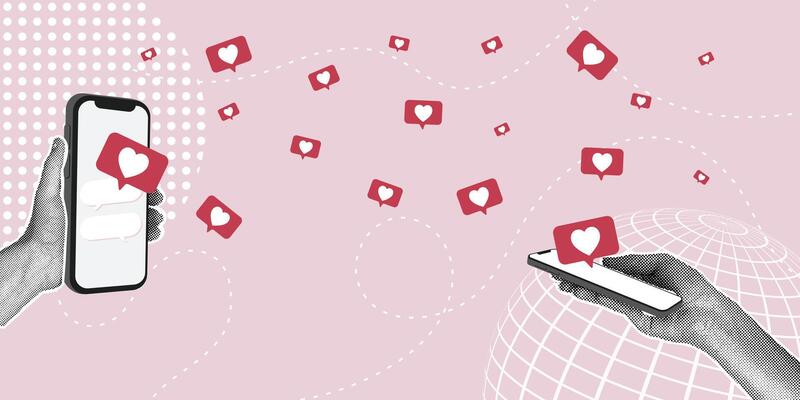 A trendy halftone collage. Concept of online communication, congratulating each other, mutual sympathy. Hands holding a modern phone, social media icon in the form of a heart. Trendy retro collage