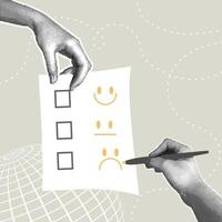 Fancy halftone collage. Conceptualizing a review, customer feedback, customer evaluation, profitability evaluation,service concepts. A hand with a pencil scoring a questionnaire with a satisfied vector