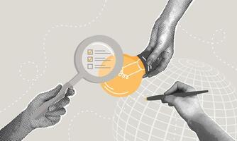 Trendy halftone collage. Conceptualizing an idea, validating an idea with market research, business viability, evaluating the profitability of a business idea. C magnifying glass analyzing an idea vector